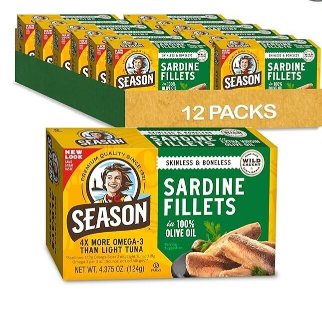Season Skinless & Boneless Sardines in Olive Oil, 12-count, Total 52.5 oz