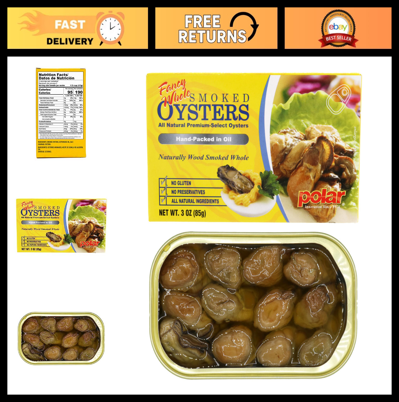 Fancy Whole Smoked Oysters – 3 oz Cans (Pack of 12) | Wood-Smoked, Gluten-Free,