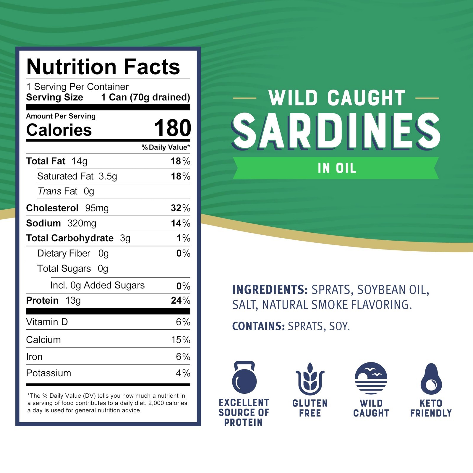 Wild Caught Sardines in Oil, 3.75 oz Tin (12 Pack) – Gluten Free, Keto, Kosher
