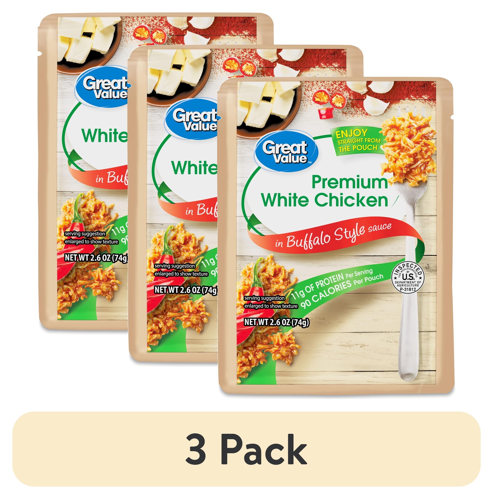 (3 Pack) Great Value Premium White Chicken, in Bold Buffalo Sauce, 2.6 Oz Pouch