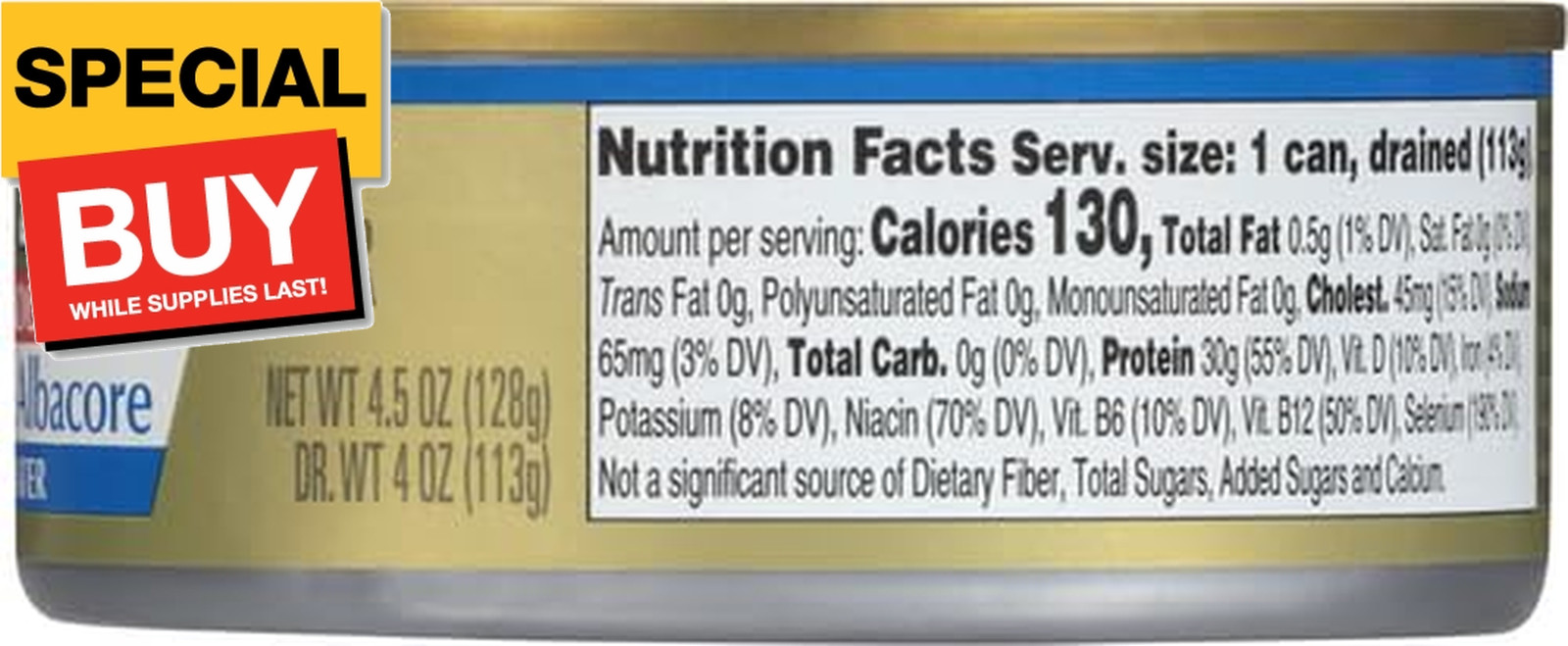 Selects No Salt Added Chunk White Albacore Tuna in Water – 4.5 oz Can (Pack of 5