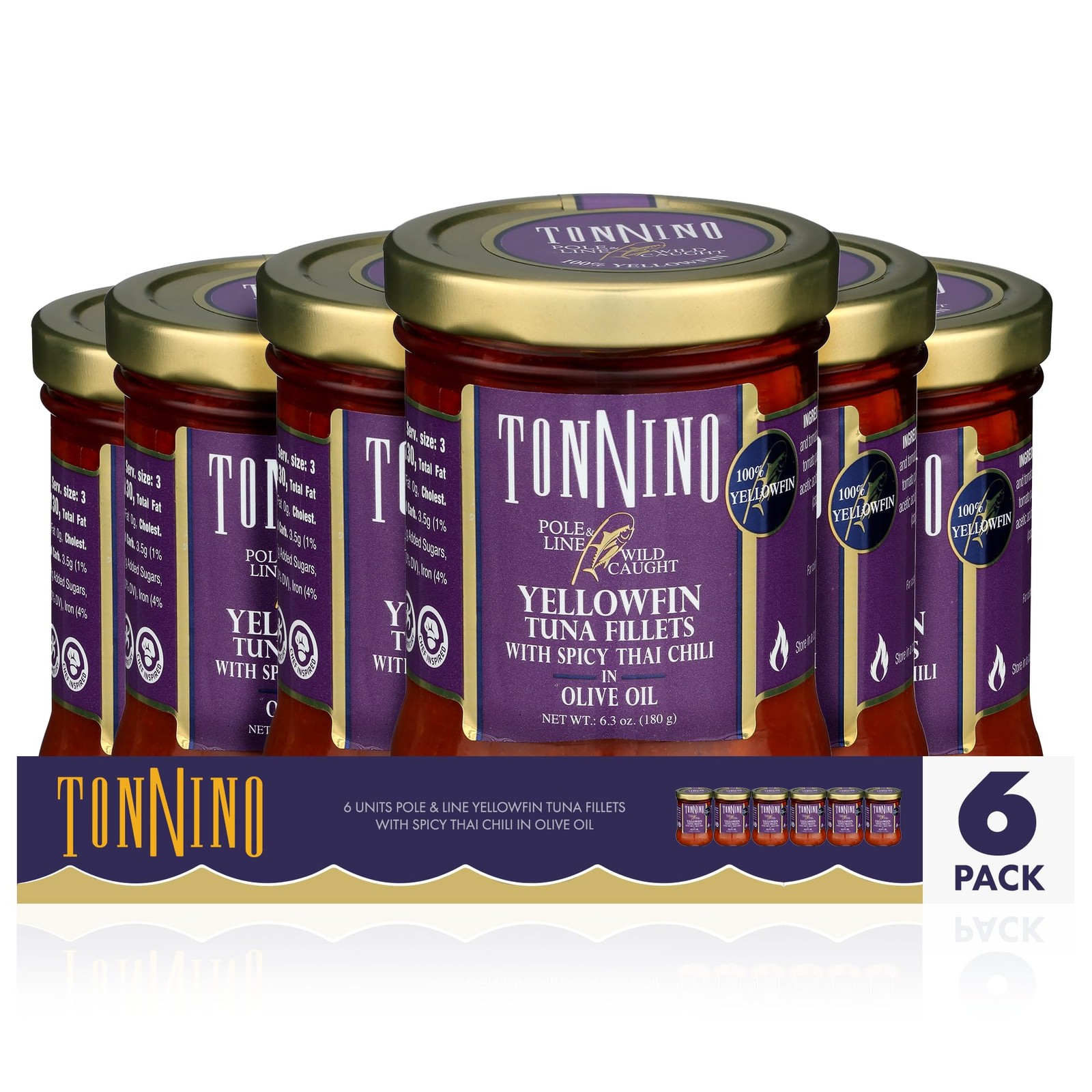 Tonnino Canned Tuna Fish Pack of 6, Spicy Thai Chilli