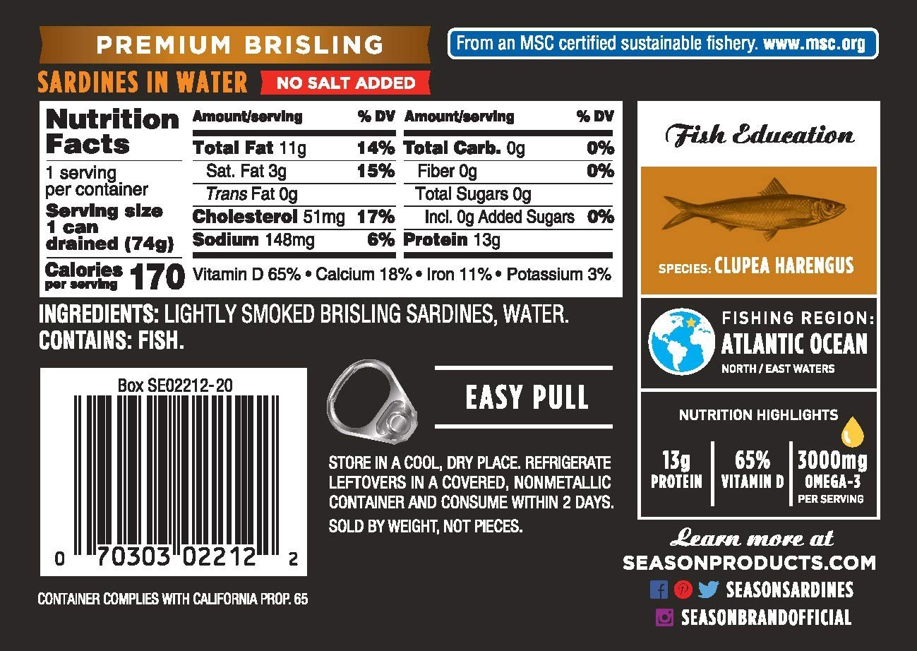 Wild Caught Brisling Sardines in Water – 6pk 3.75oz Tins – High Protein, Omega 3