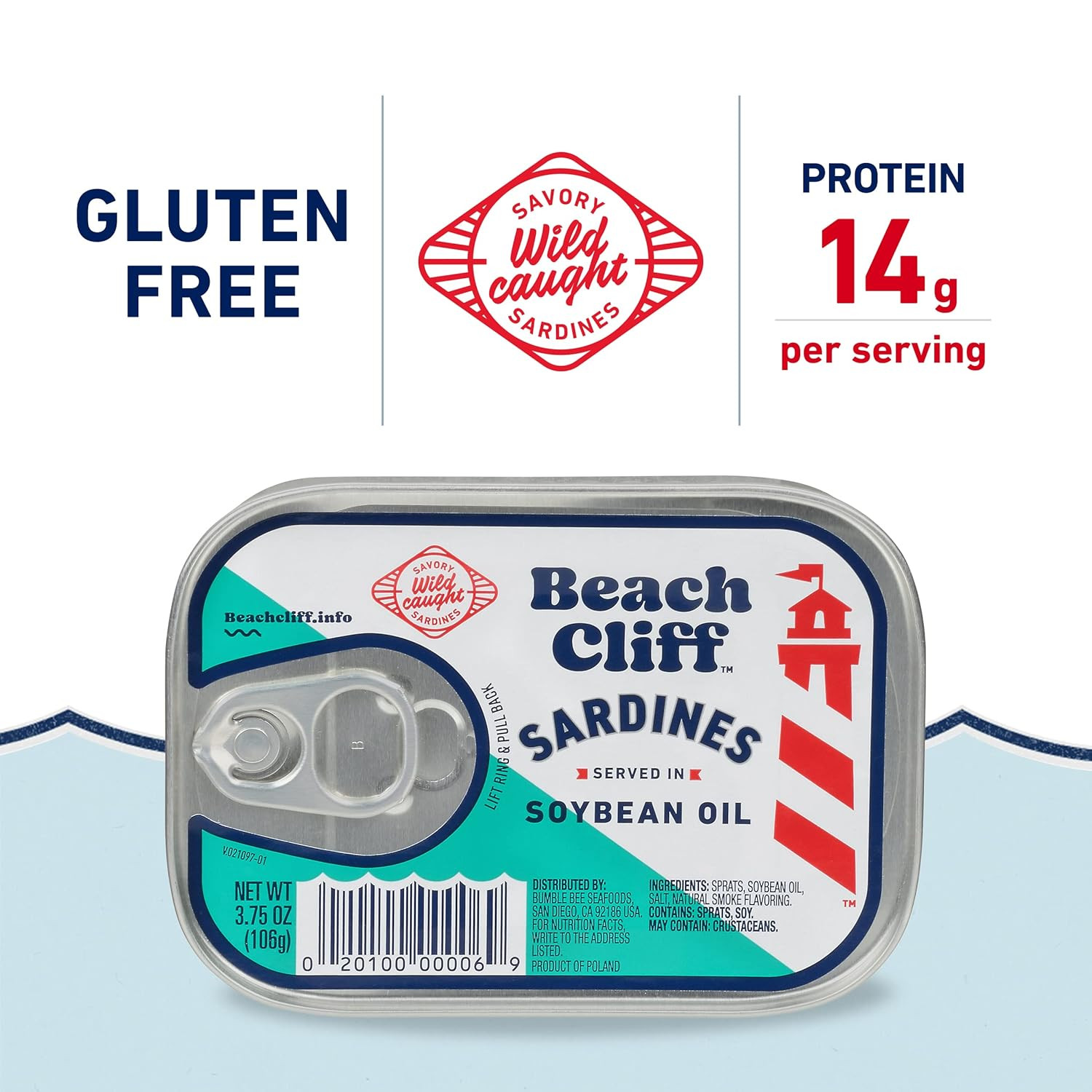 Beach Cliff Wild Caught Sardines in Soybean Oil, 3.75 Oz Can (Pack of 12) – 14G