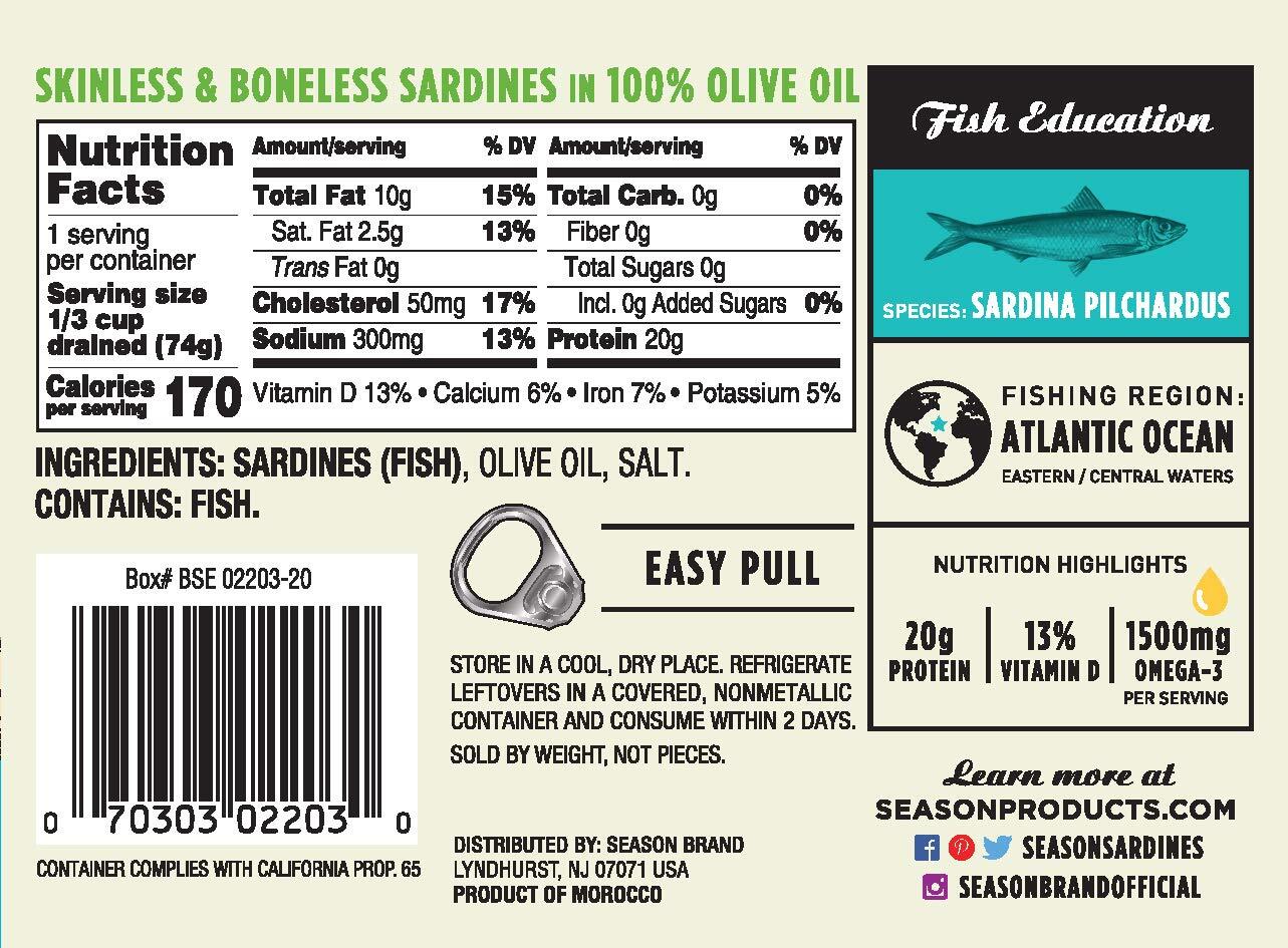 Season’s Skinless and Boneless Sardines in Pure Olive Oil. Imported From Morocco