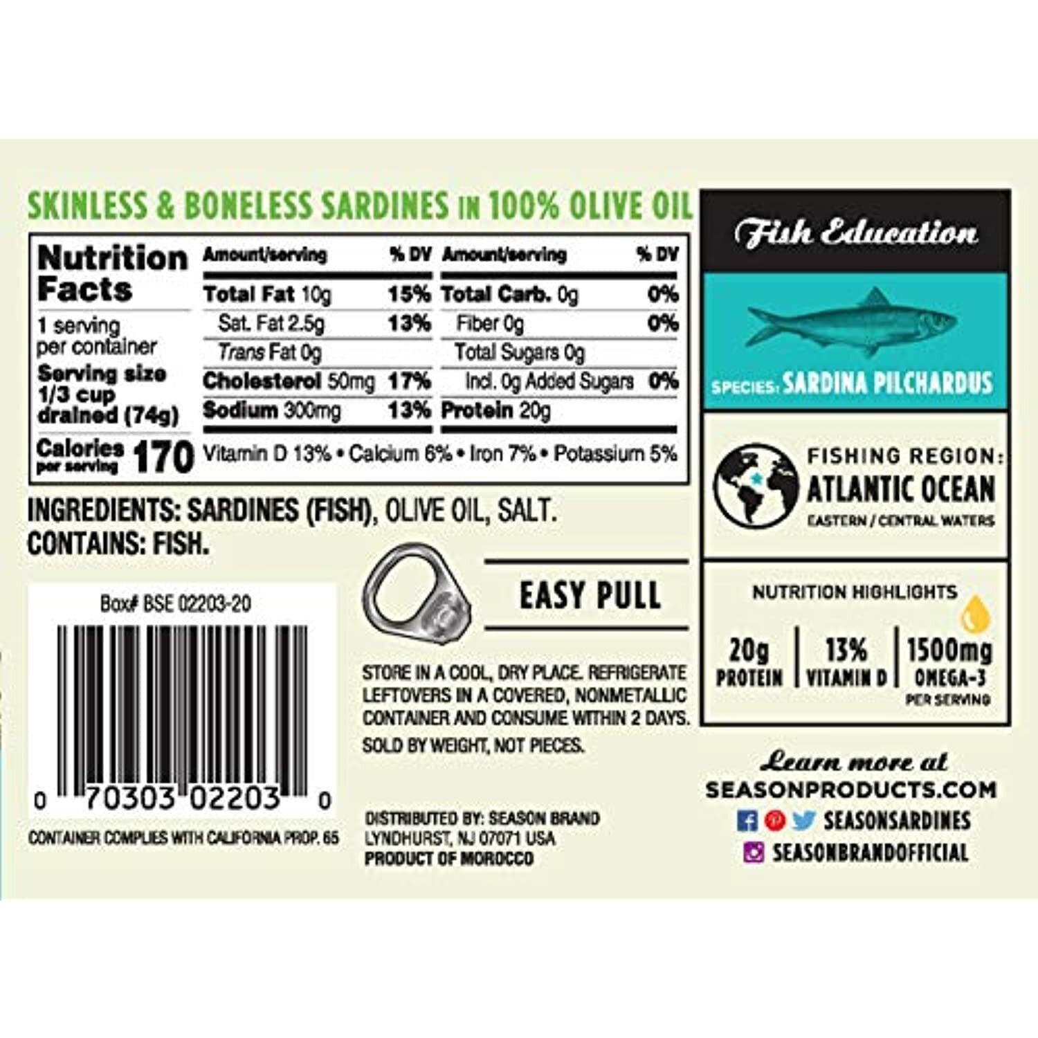 Season’s Skinless and Boneless Sardines in Pure Olive Oil. Imported From Morocco