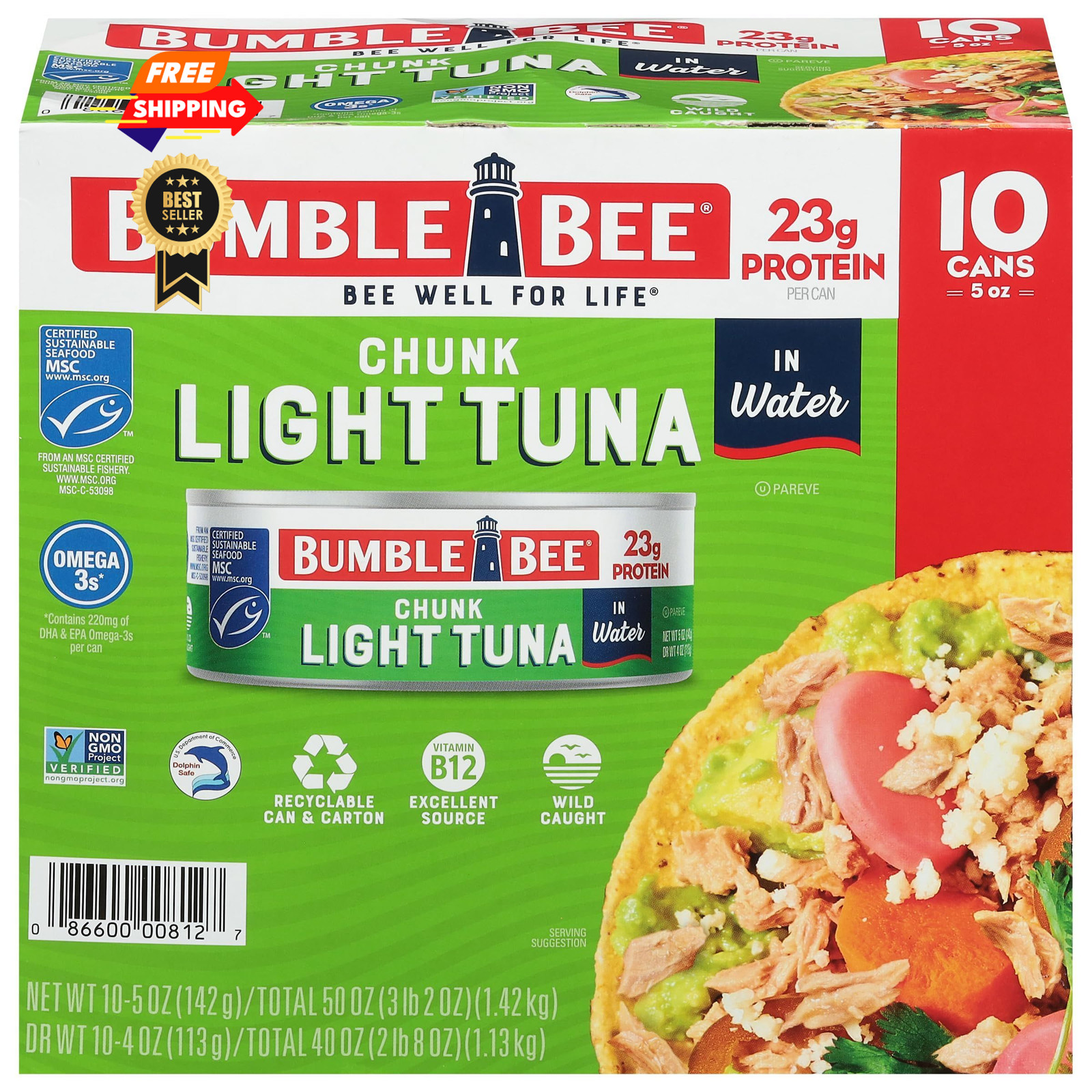 Bumble Bee Chunk Light Tuna In Water, 5 oz Cans (Pack of 5 Ounce 10)