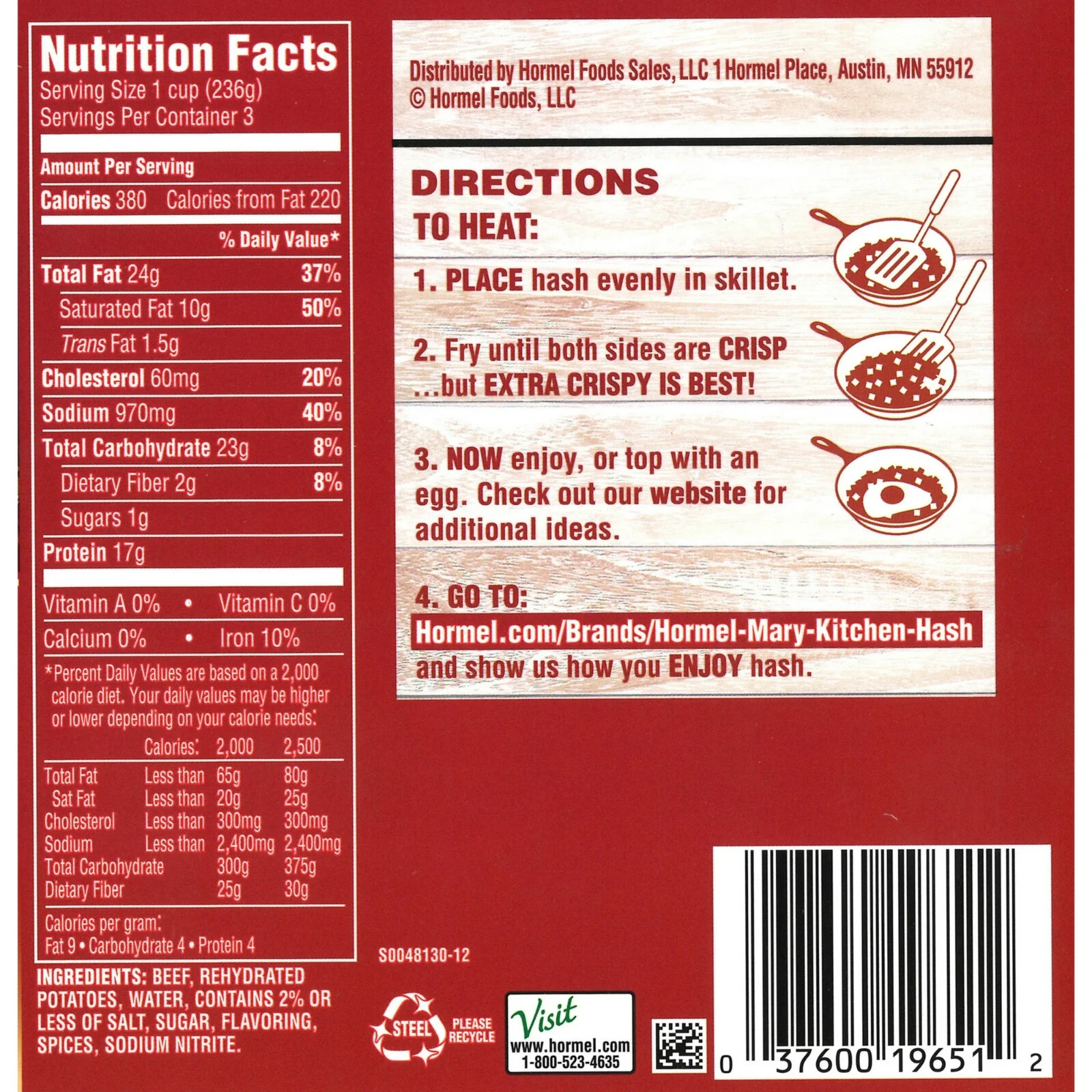25 oz Steel Can,HORMEL MARY KITCHEN corned beef hash.