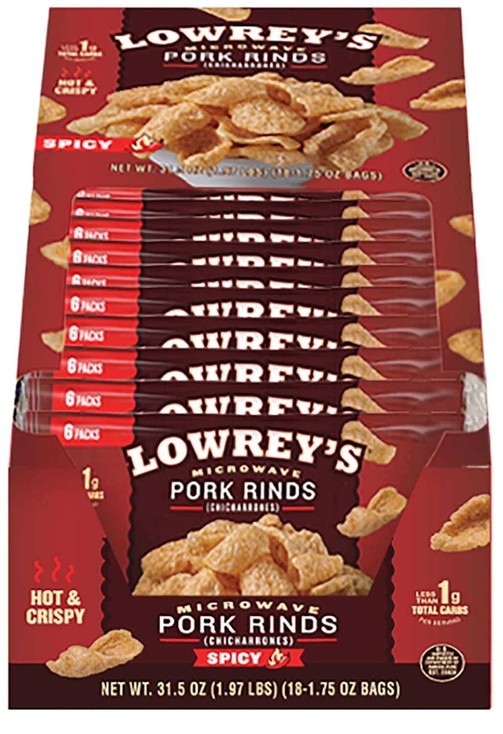 Delicious Low-Carb Hot & Spicy Pork Rinds, 1.75oz Bags, 18 Pack – Snack Anytime!