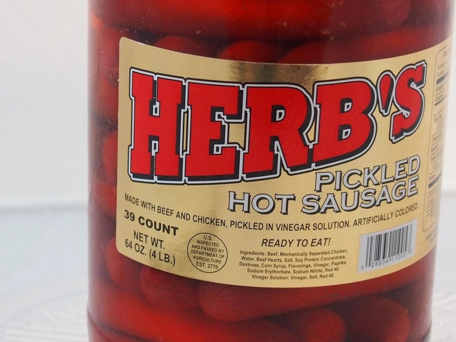 Herb’s RED HOT Pickled Sausages – Spicy 1 Gal. Jar for Parties & Outdoor Fun