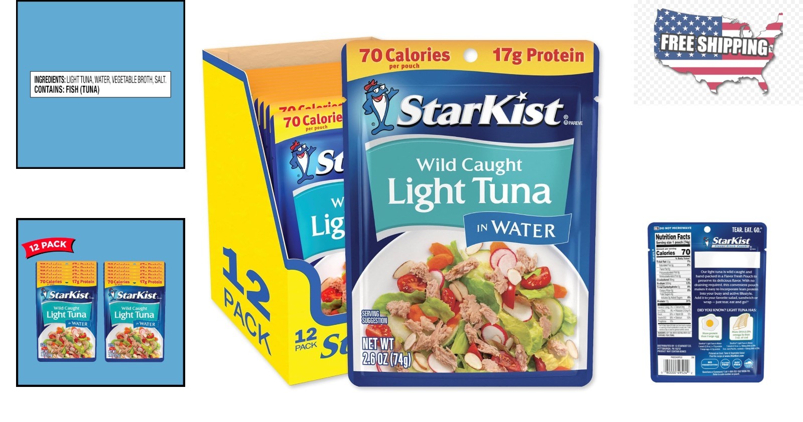 Chunk Light Tuna in Water – 2.6oz Pouch (12 Pack), Wild Caught, Gluten Free
