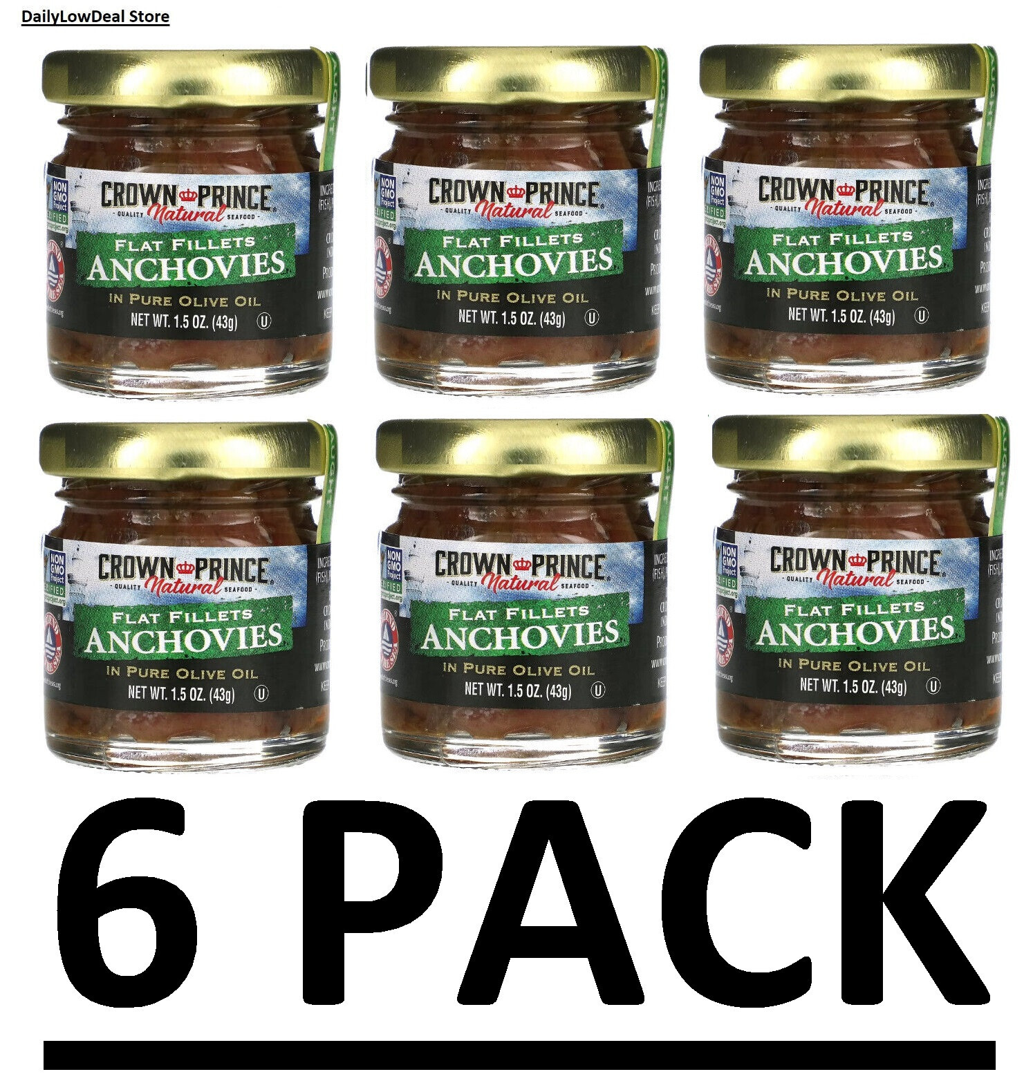 6 PACK – Crown Prince Natural Flat Fillets of Anchovies in Pure Olive Oil 1.5 oz