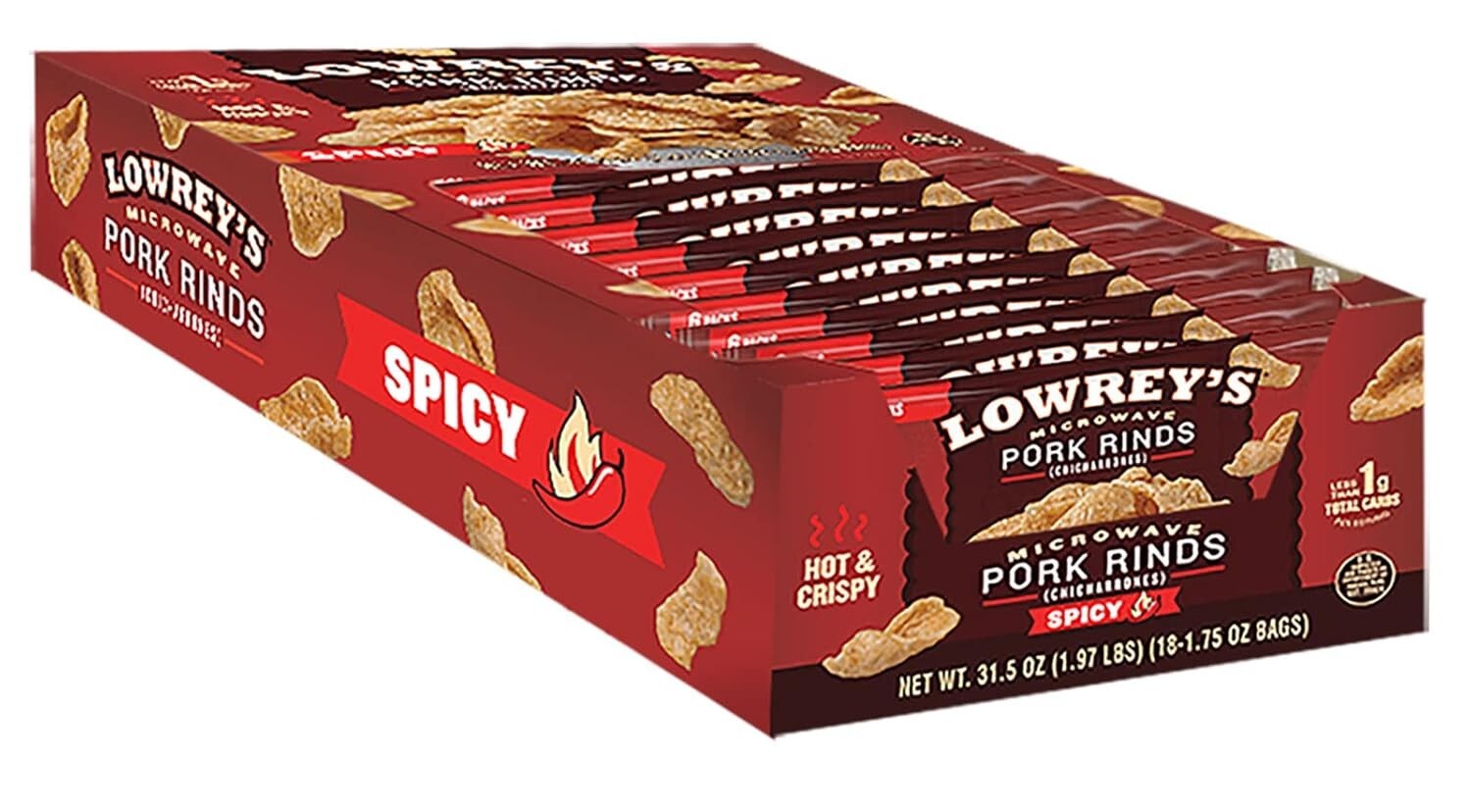 Delicious Low-Carb Hot & Spicy Pork Rinds, 1.75oz Bags, 18 Pack – Snack Anytime!