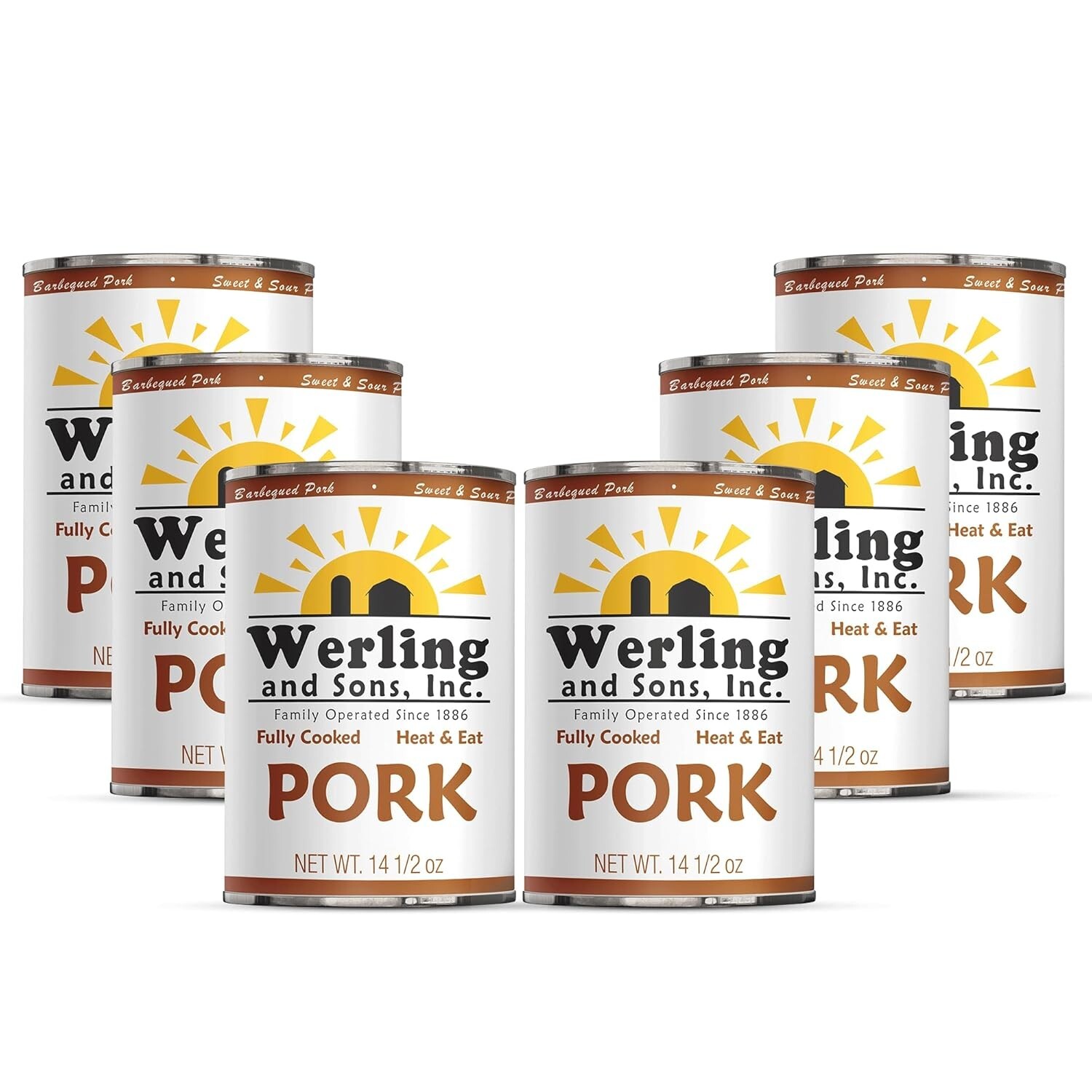 6 Cans- Werling & Sons Canned Pork 14.5 Oz Fully Cooked Ready to Eat Canned Meat
