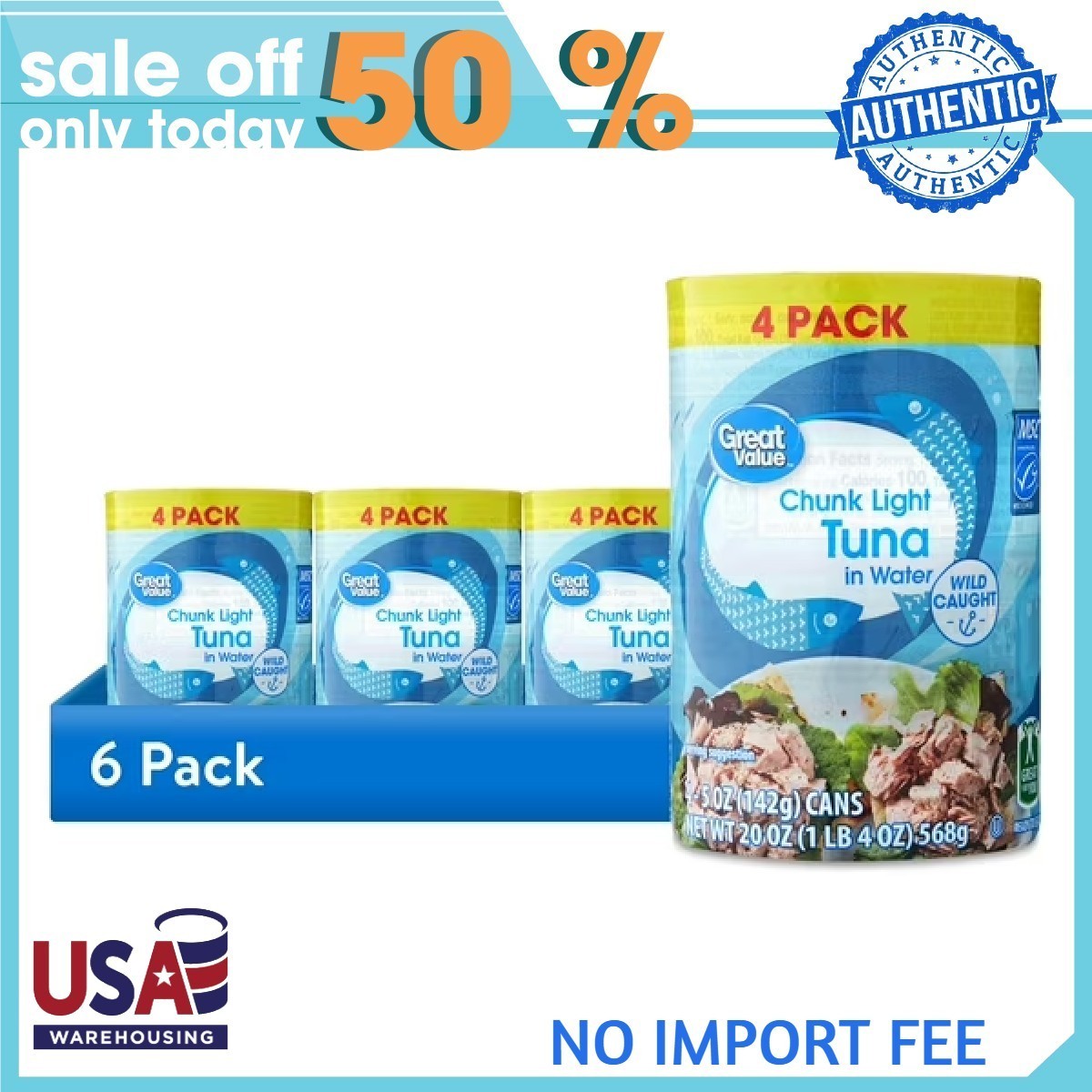 (12 pack) Great Value Chunk Light Tuna in Water, 5 oz, 4 Pack