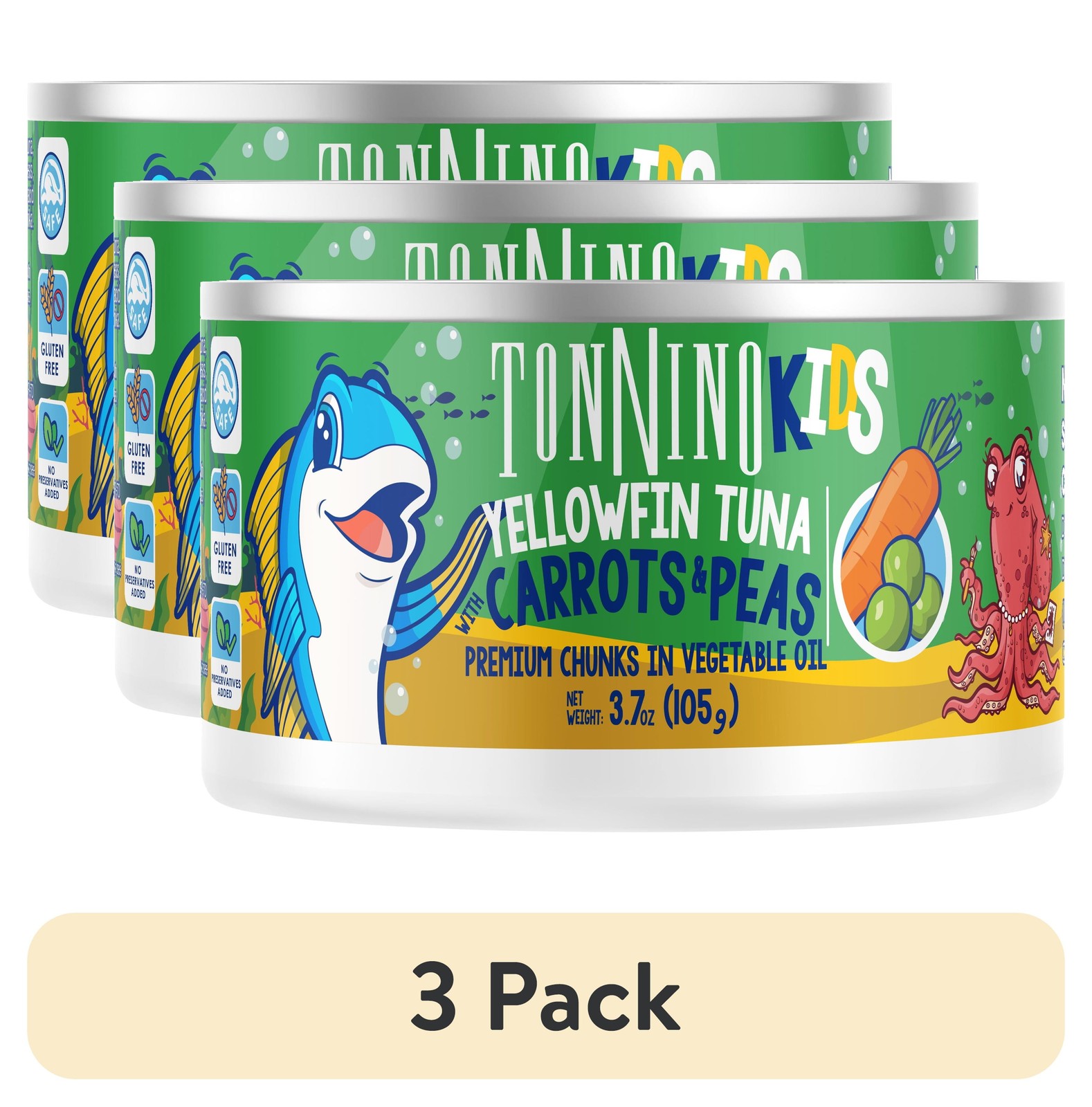 3 Pack Tonnino Yellowfin Tuna Chunks, Carrots Peas Vegetable Oil 3.7oz Can