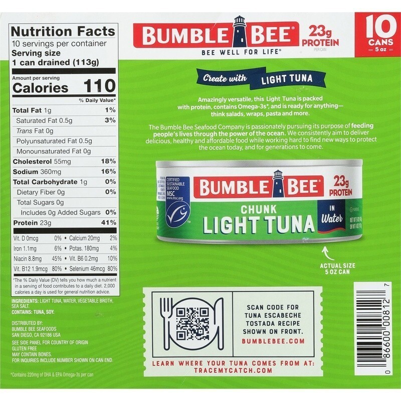 10 Pack Chunk Light Tuna in Water High Protein Canned Seafood Snack Gluten Free