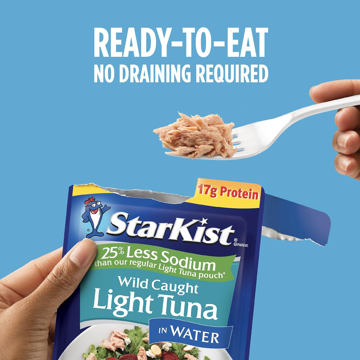 Reduced Sodium Chunk Light Tuna in Water, 2.6 oz Pouch (24 Pack) Ready to Eat Wi