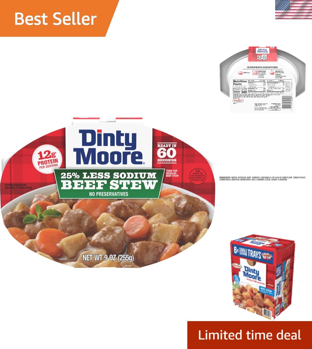 Dinty Moore Less Sodium Beef Stew – 9oz Microwave Tray, 6 Pack of Savory Meals