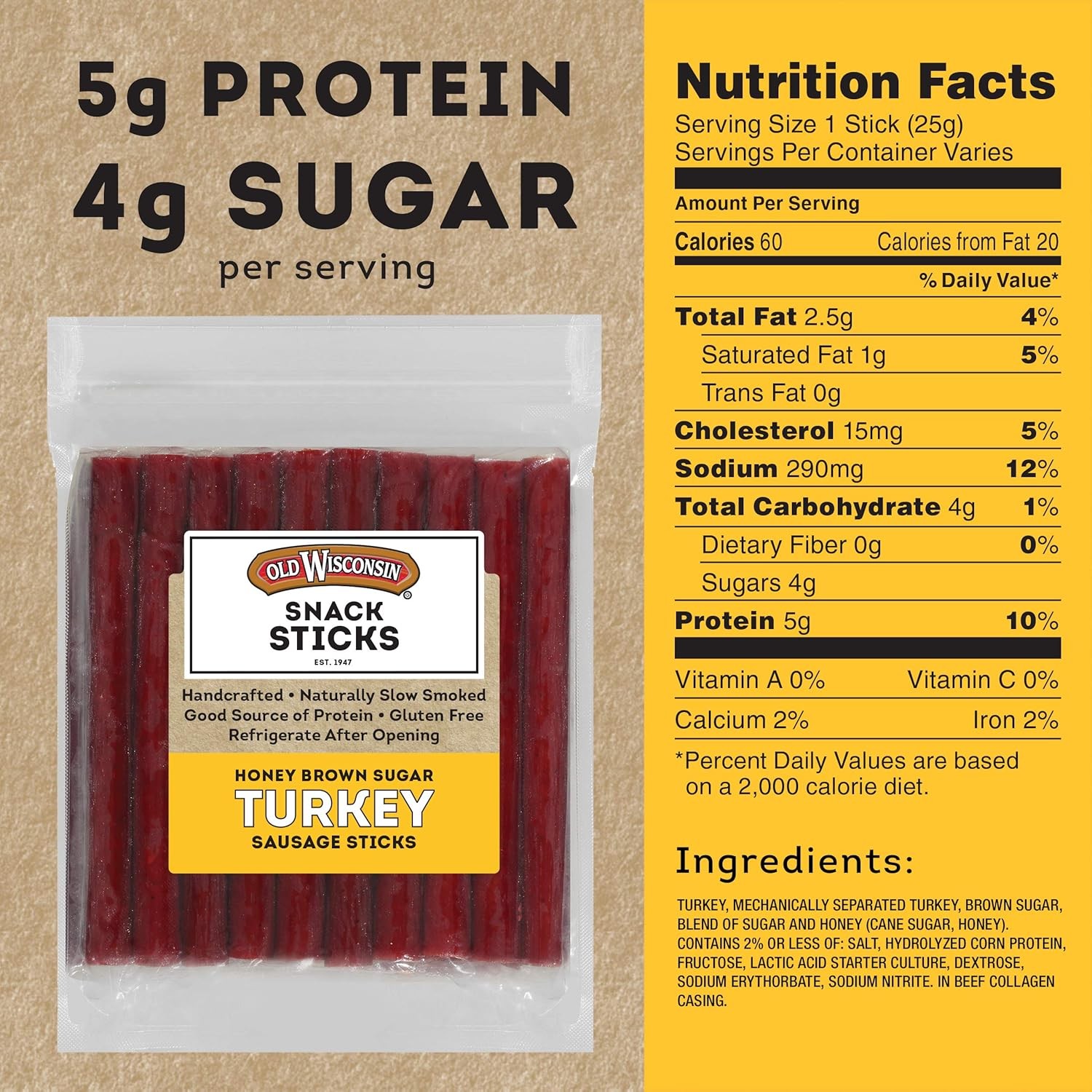 Old Wisconsin Honey Brown Sugar Turkey Sausage Snack 1.75 Pound (Pack of 1)
