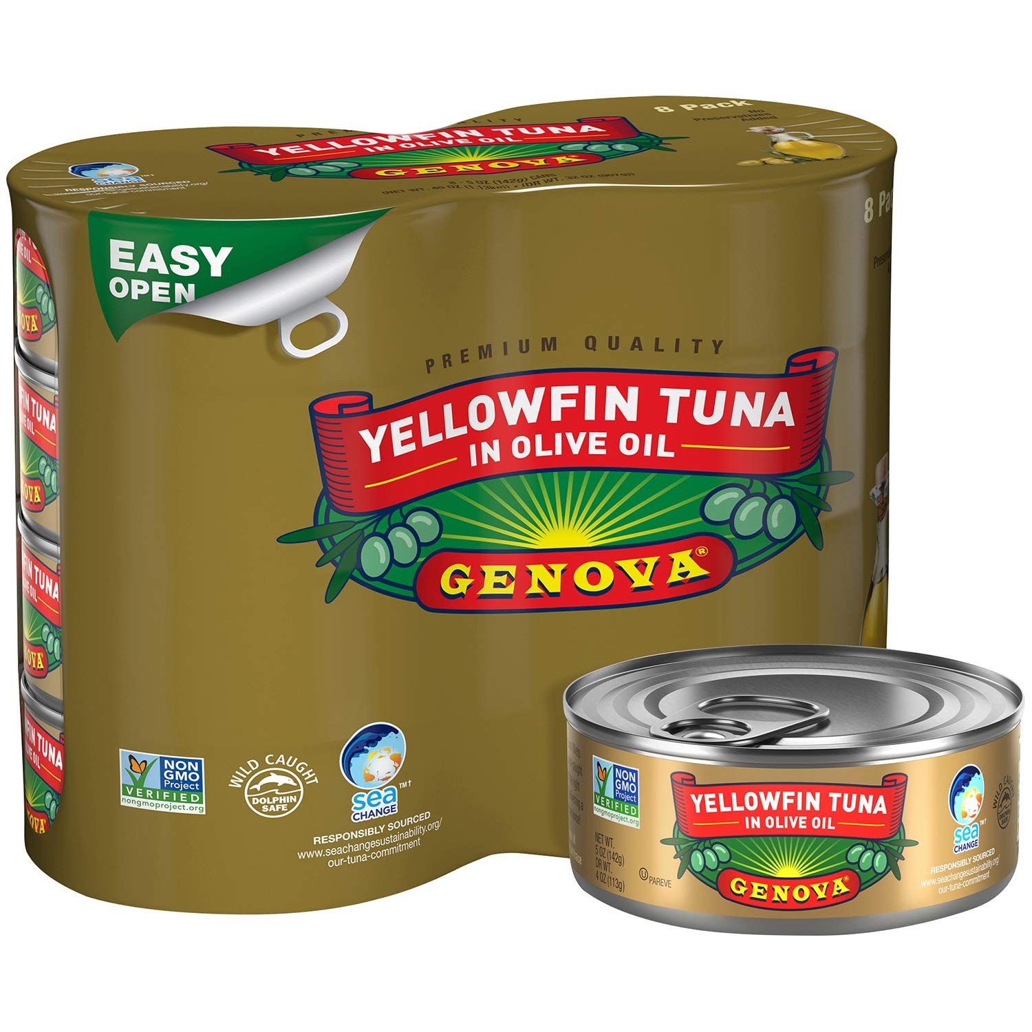 Genova Premium Yellowfin Tuna in Olive Oil, Wild Caught, Solid Light, 5 Oz. Can