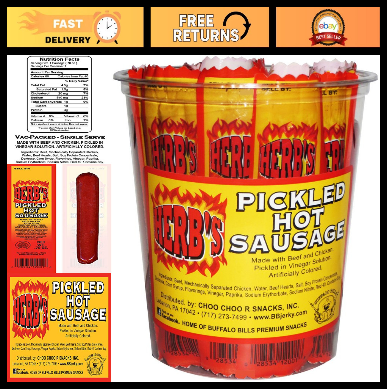 24-ct Pickled Hot Sausages – Individually Wrapped, Spicy Snack, 0.7oz Cups
