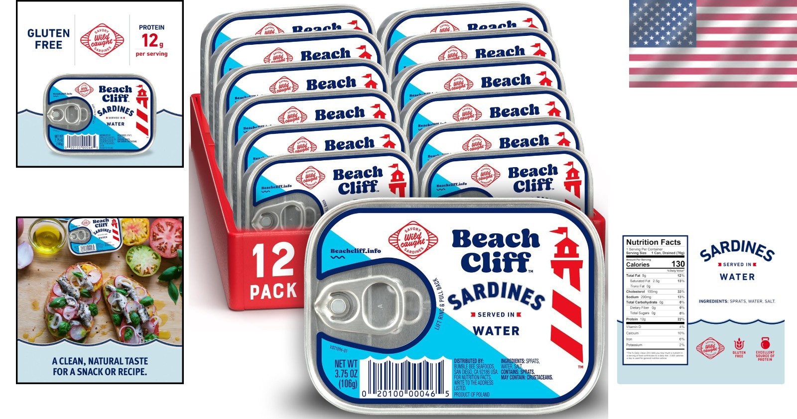 Beach Cliff Sardines in Water, Wild Caught, 3.75 oz Can, Pack of 12