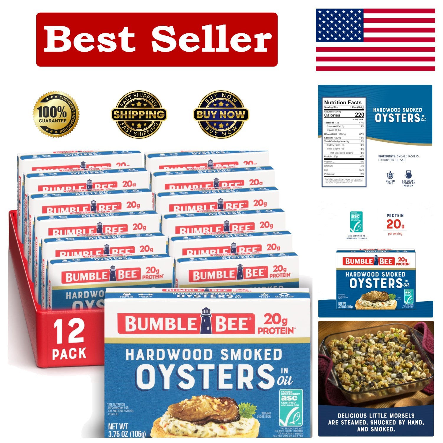 Canned Hardwood Smoked Oysters, 3.75 Oz Cans (Pack of 12) – Ready to Eat – 18G P