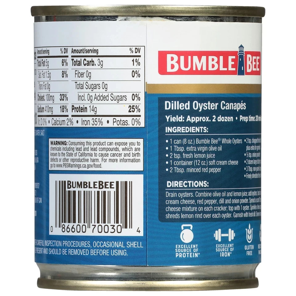 (4 Pack) Whole Canned Oysters, Shelf Stable, 8Oz Can