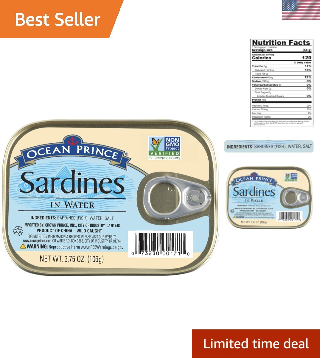 Ocean Prince Sardines: Mild Flavor, Omega-3 Bonanza – 3.75oz Cans Pack of 12