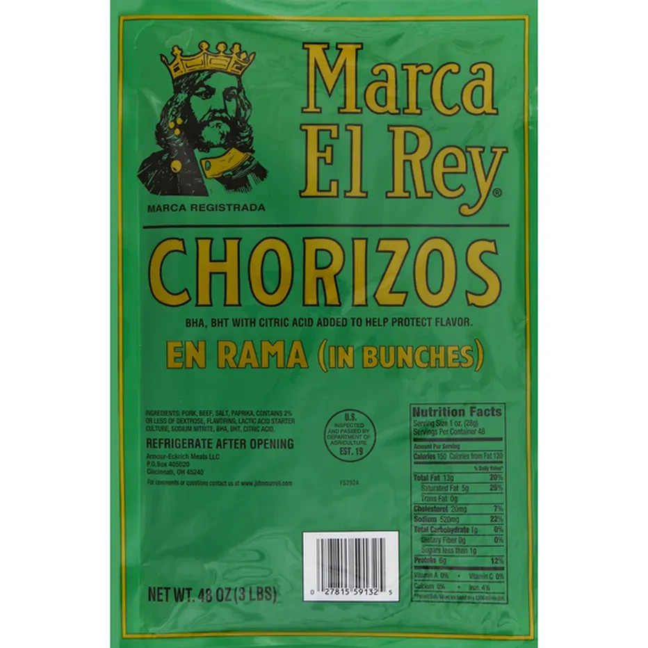 Marca El Rey Pork Chorizo Sausage (3lb Pack En rama [IN BUNCHES]) – 2 Bags