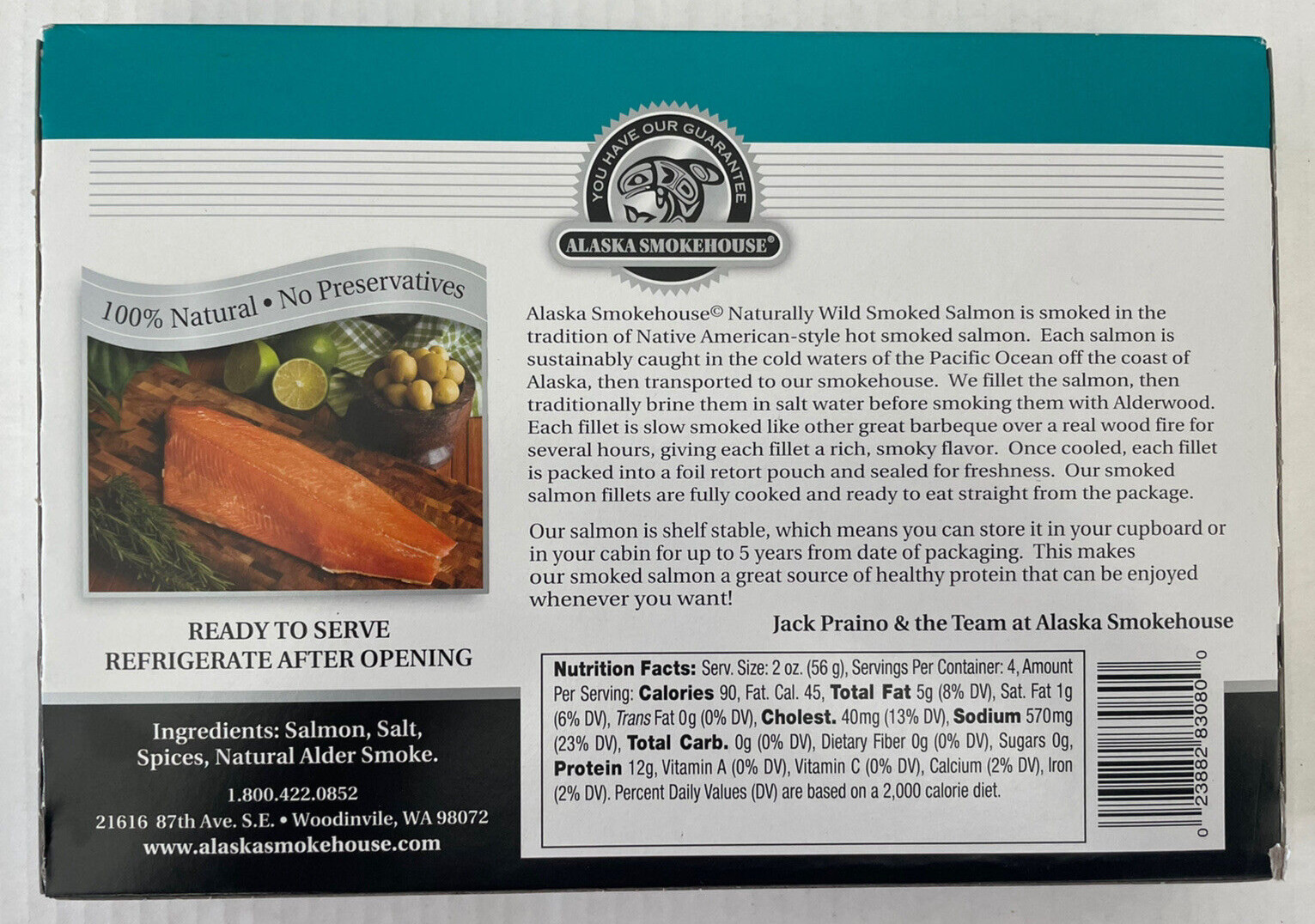 5ea 8oz gift boxed Smoked Salmon Wild Alaskan hand-filleted ready to eat 2.5lbs