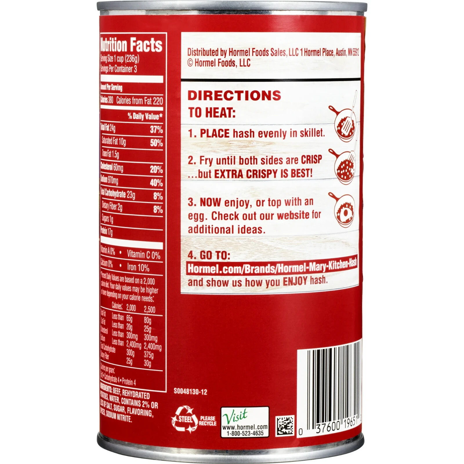 25 oz Steel Can,HORMEL MARY KITCHEN corned beef hash.