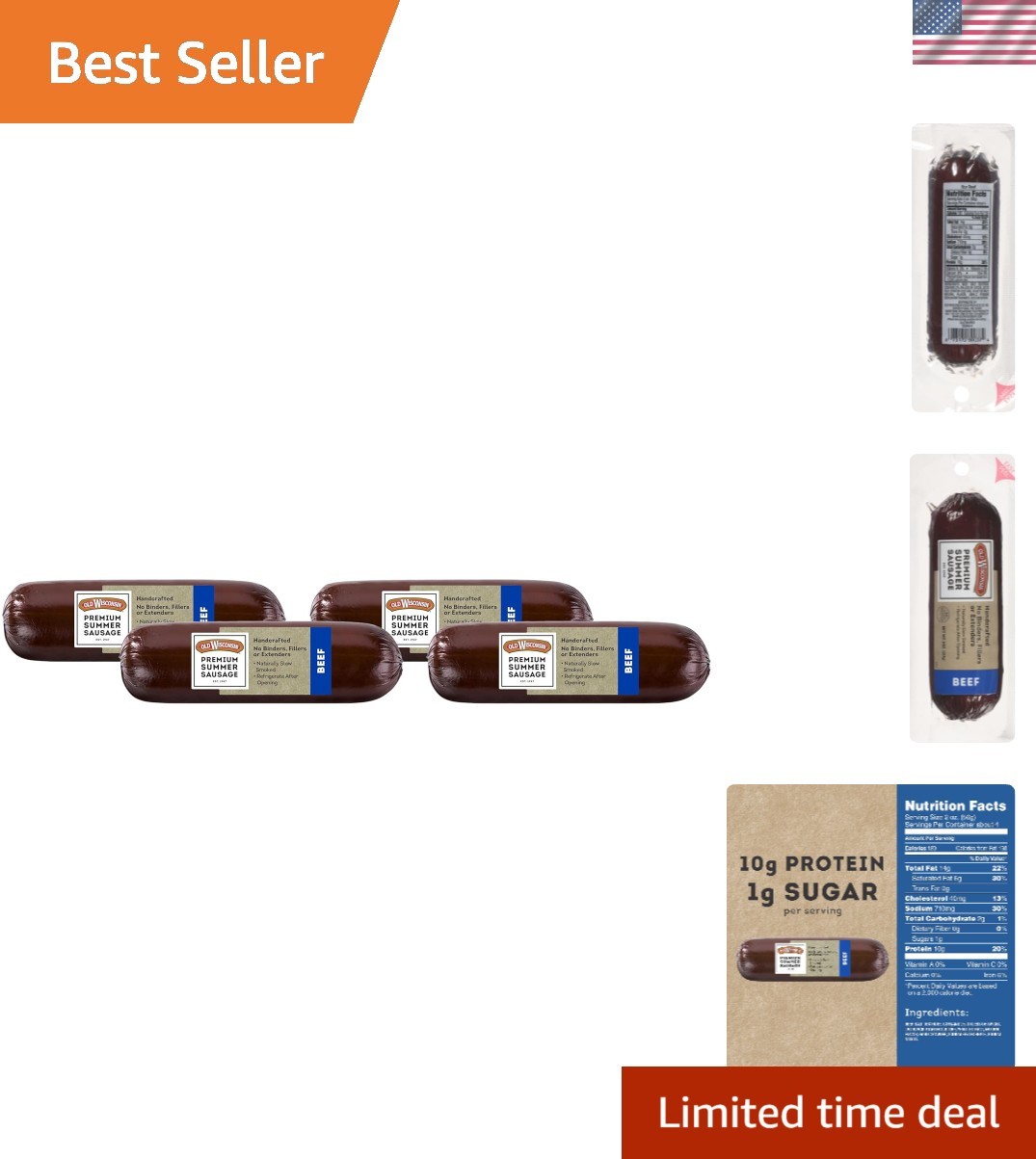Gourmet 100% Natural Beef Summer Sausage – High Protein & Gluten Free Pack of 4