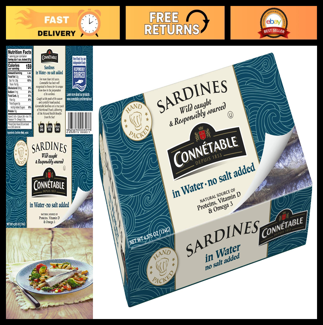 Sardines in Water – No Salt Added, 4.375 oz, Pack of 12 – Healthy Seafood Snack