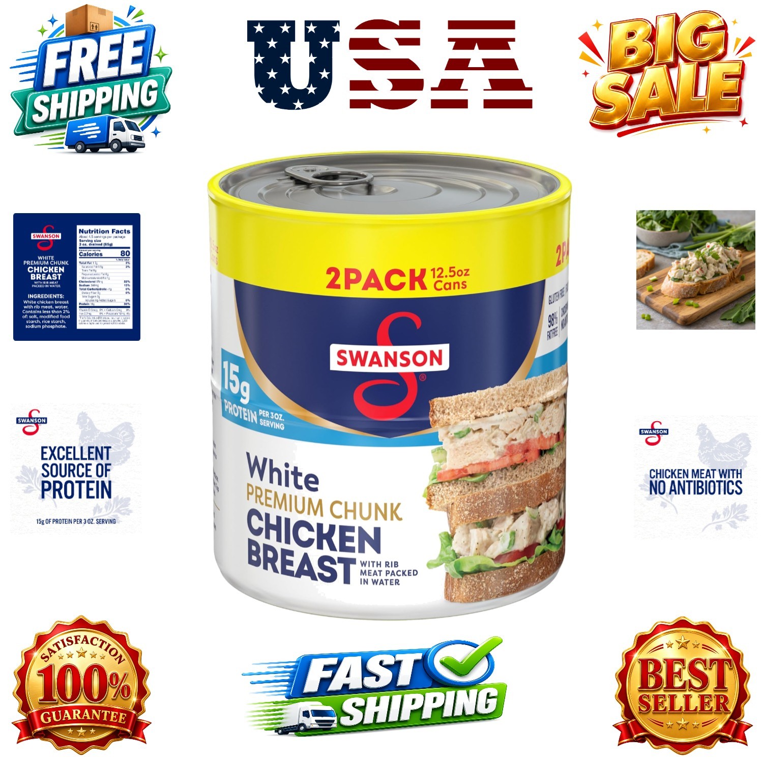 Swanson White Chunk Chicken Breast with Rib Meat in Water, 12.5 oz. Pack of 2