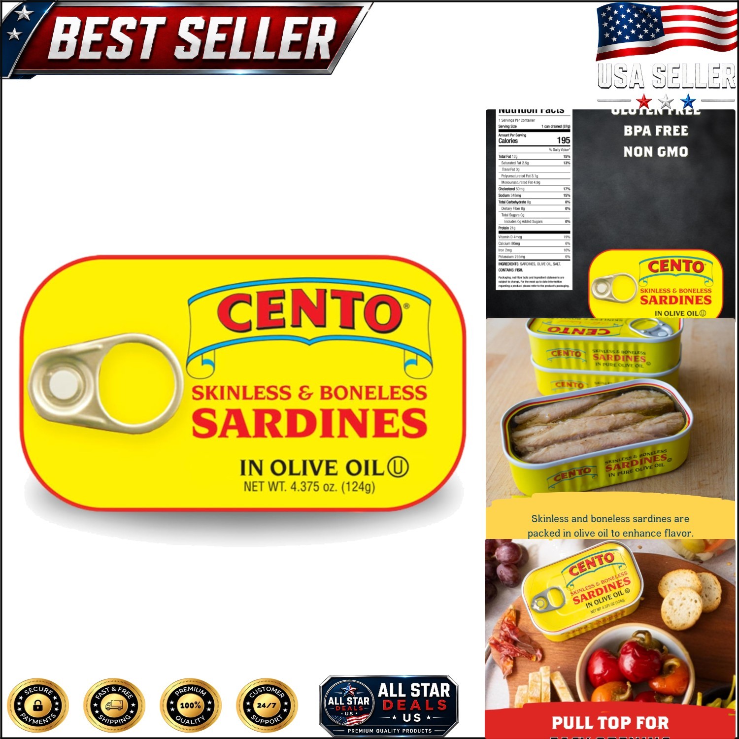 Skinless Boneless Sardines in Olive Oil, 4.375 Oz – High Protein & Gluten Free