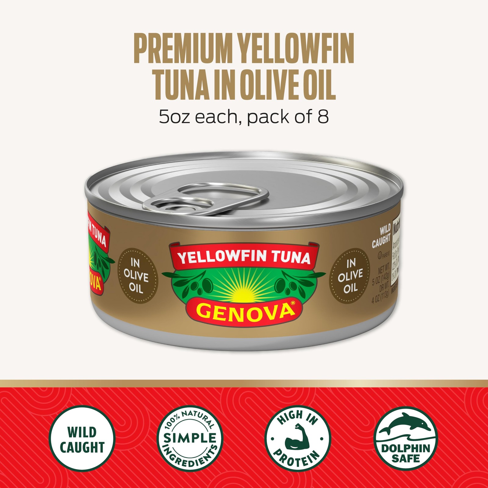 Genova Premium Yellowfin Tuna in Olive Oil, 5 Ounce Cans, 8Pack Nutrient Rich