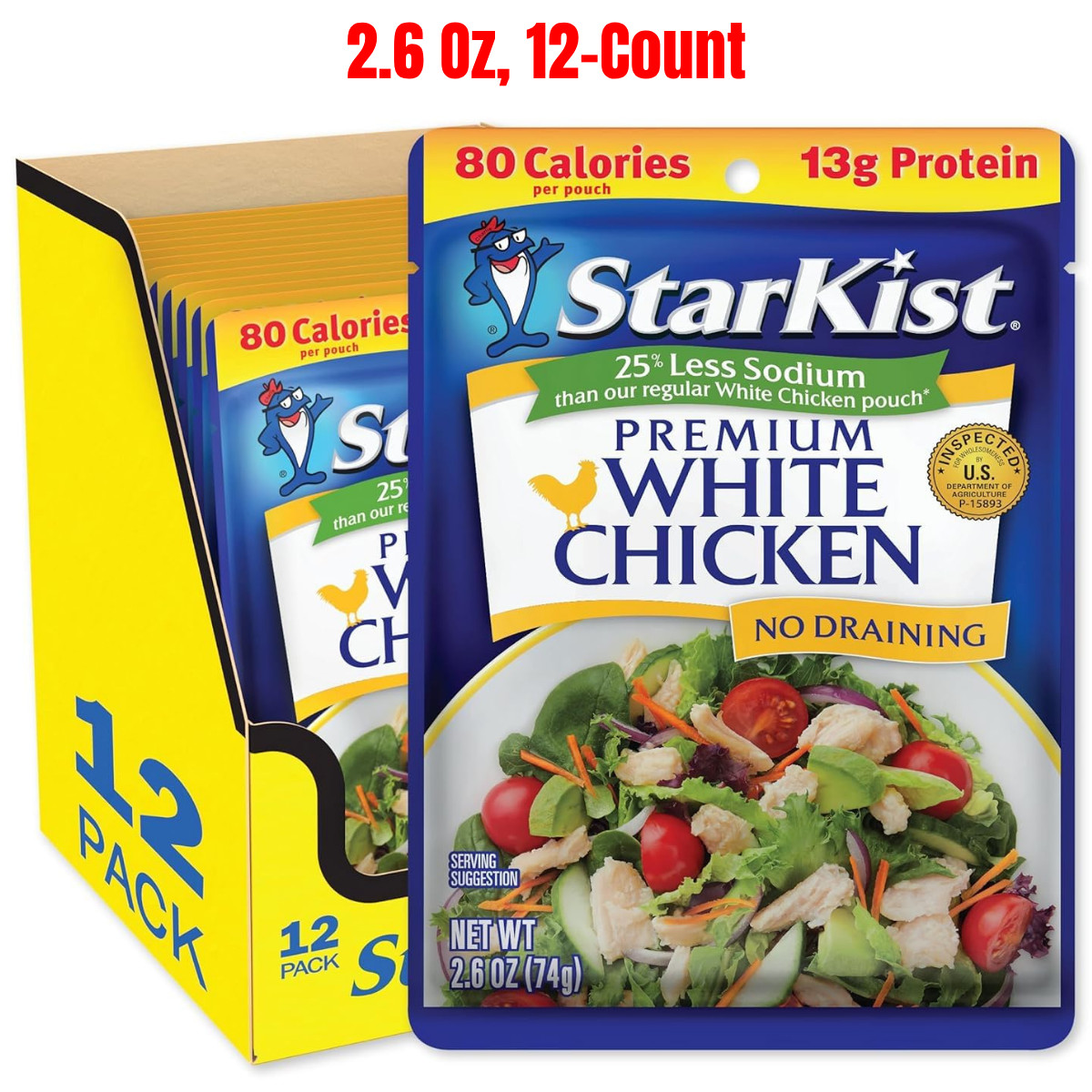 StarKist Less Sodium Premium White Chicken – 2.6 oz Pouch, 12- Pack, Free Ship