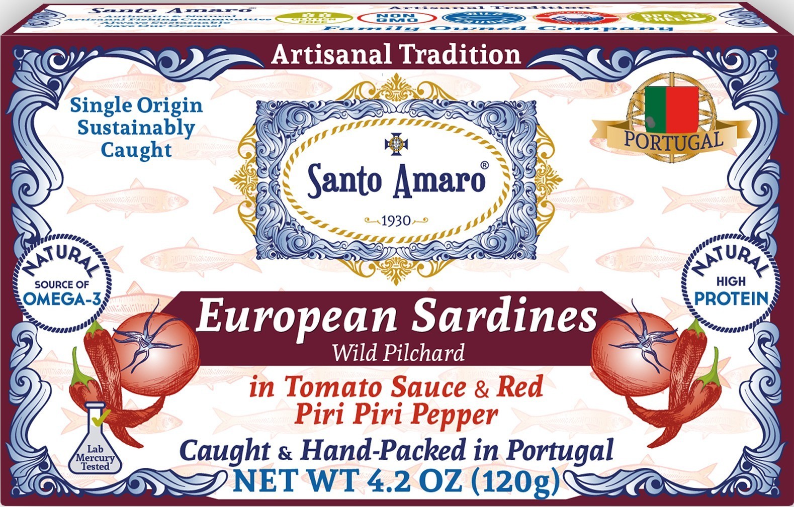 12 Pk Santo Amaro Piri Piri Spicy Wild Sardines in Tomato Sauce (120g/un)