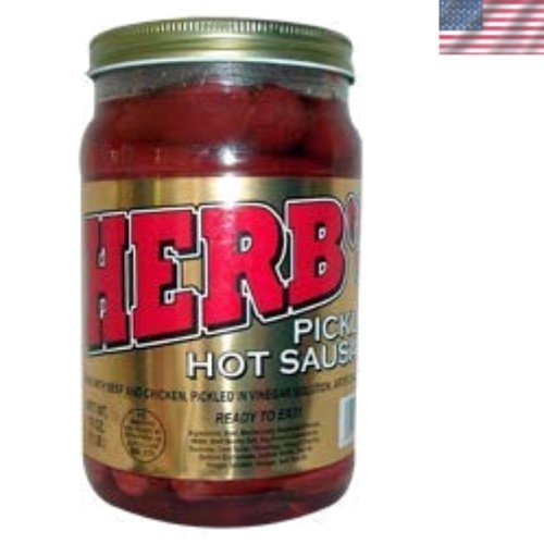 16oz Jar of Herb’s Spicy Pickled Hot Sausage – Delicious Snack for Adventurers