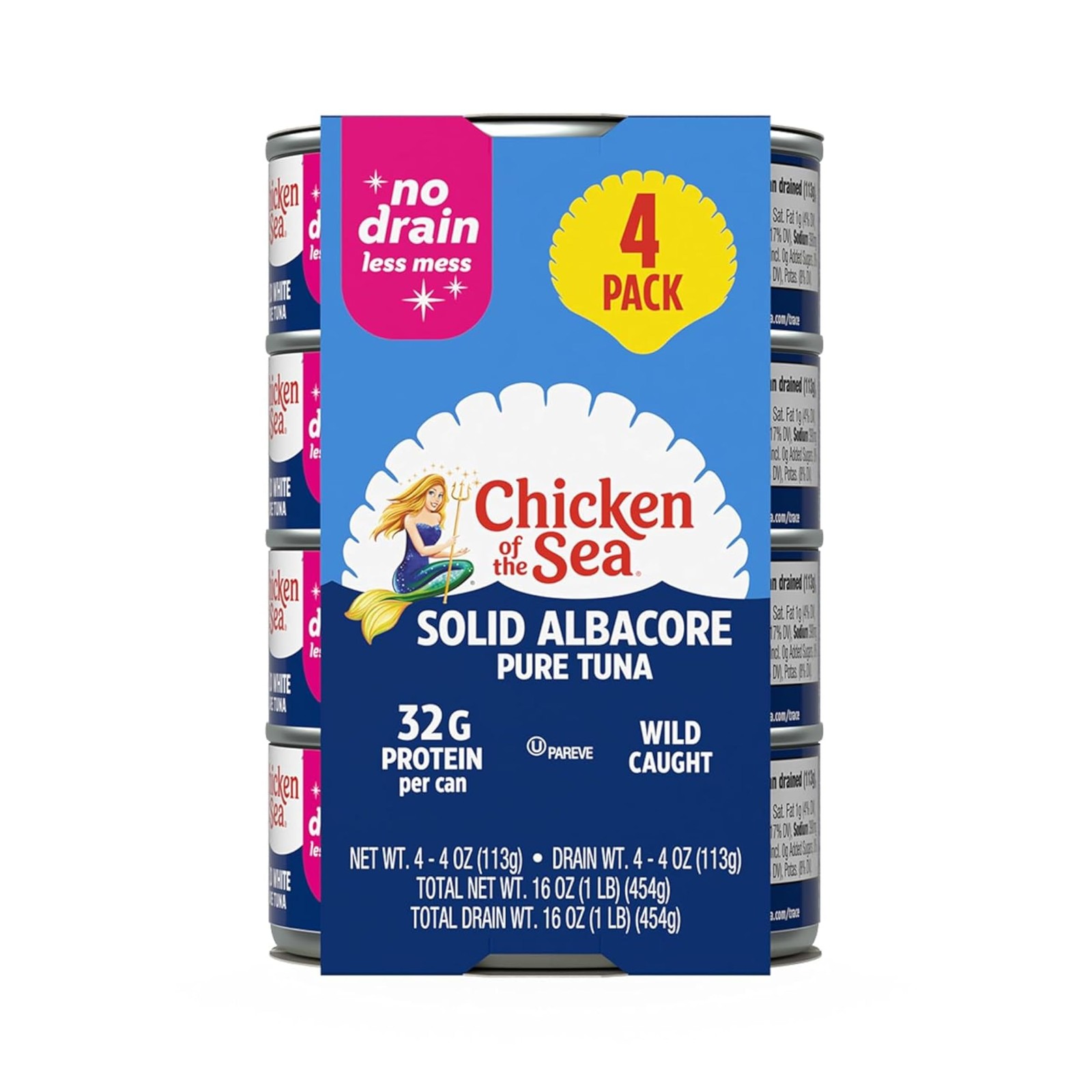 Chicken of the Sea Wild Caught Solid White Pure Albacore, No Drain, 4 oz, 4ct