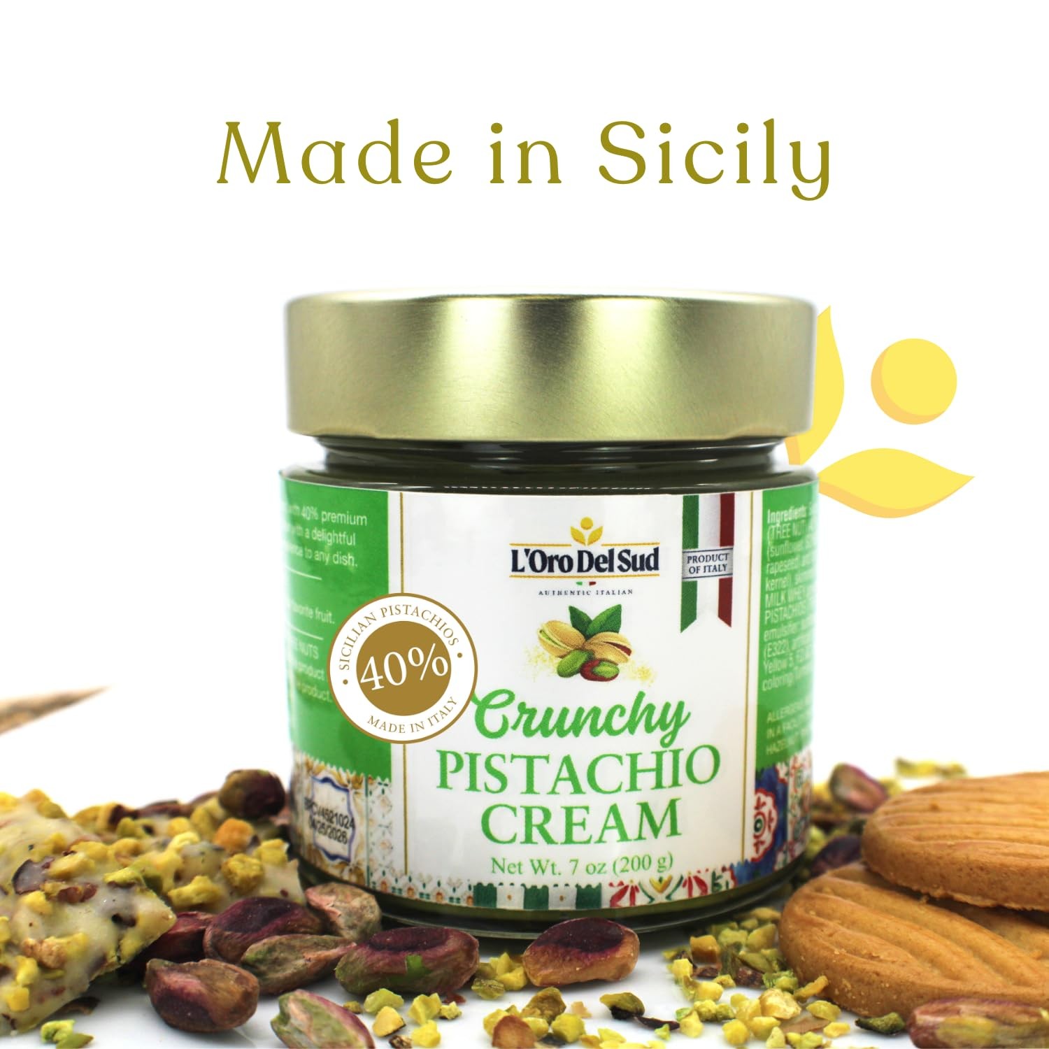 , Italian Pistachio Cream (Crunchy), 40% Pistachios– Sweet Sicilian Pistachio…