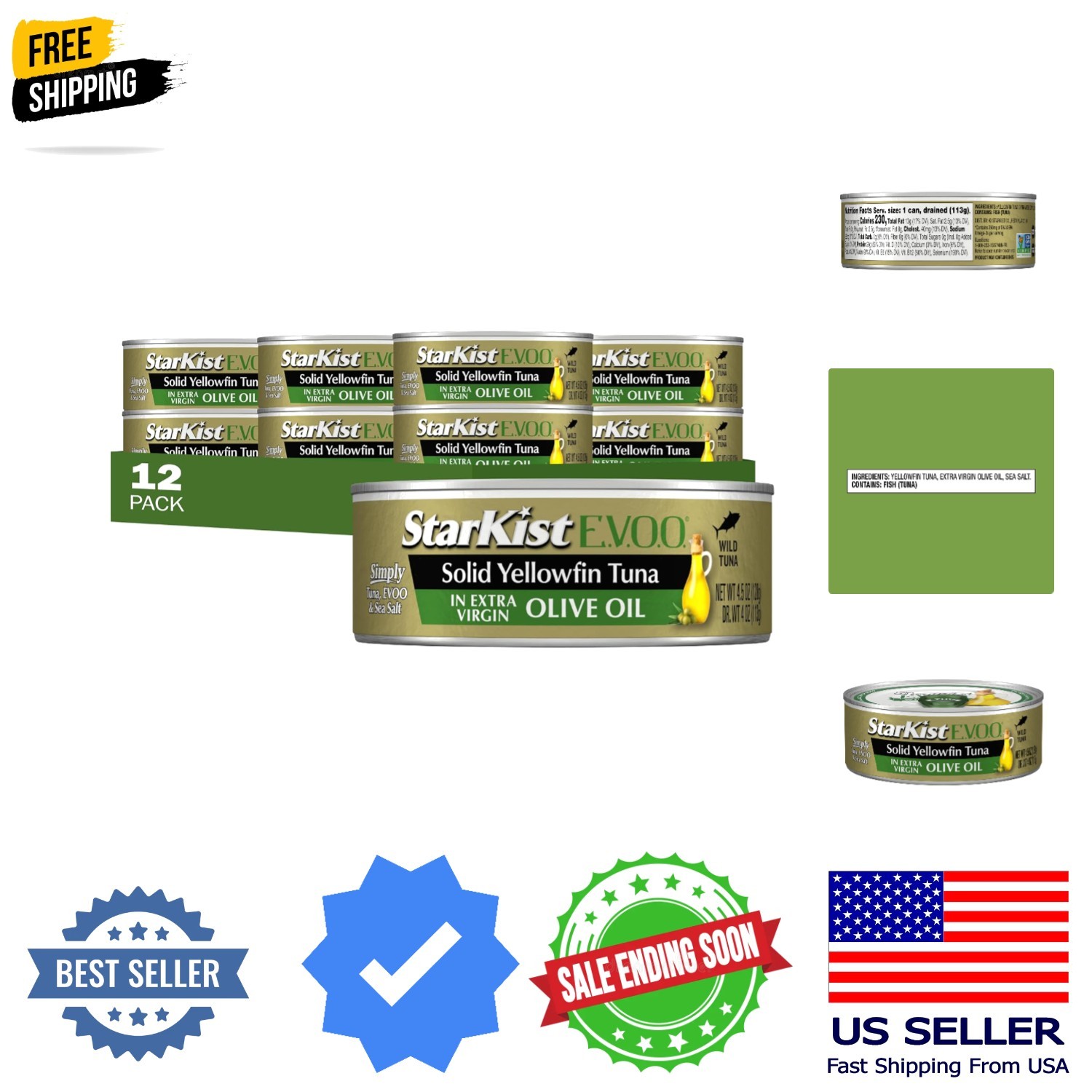 E.V.O.O. Solid Yellowfin/light Tuna in Extra Virgin Olive Oil – 4.5 oz Can Pa…