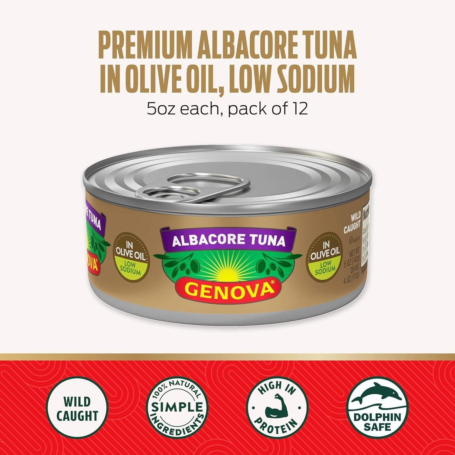 Genova Premium Albacore Tuna in Olive Oil, 5 Ounce Cans (Pack of 12), Low Sodium