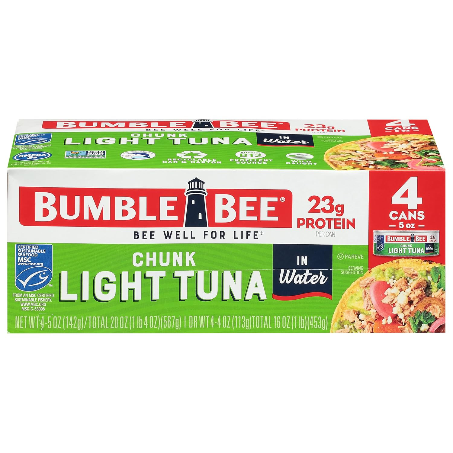 Bumble Bee Chunk Light Tuna in Water, 5 Oz Cans (Pack of 4) – Wild Caught Skipja