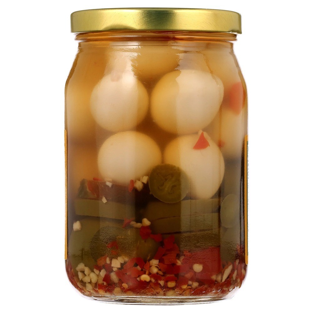 Pickled Jalapeno Quail Eggs in Glass Jar Spicy Snack Gourmet Food