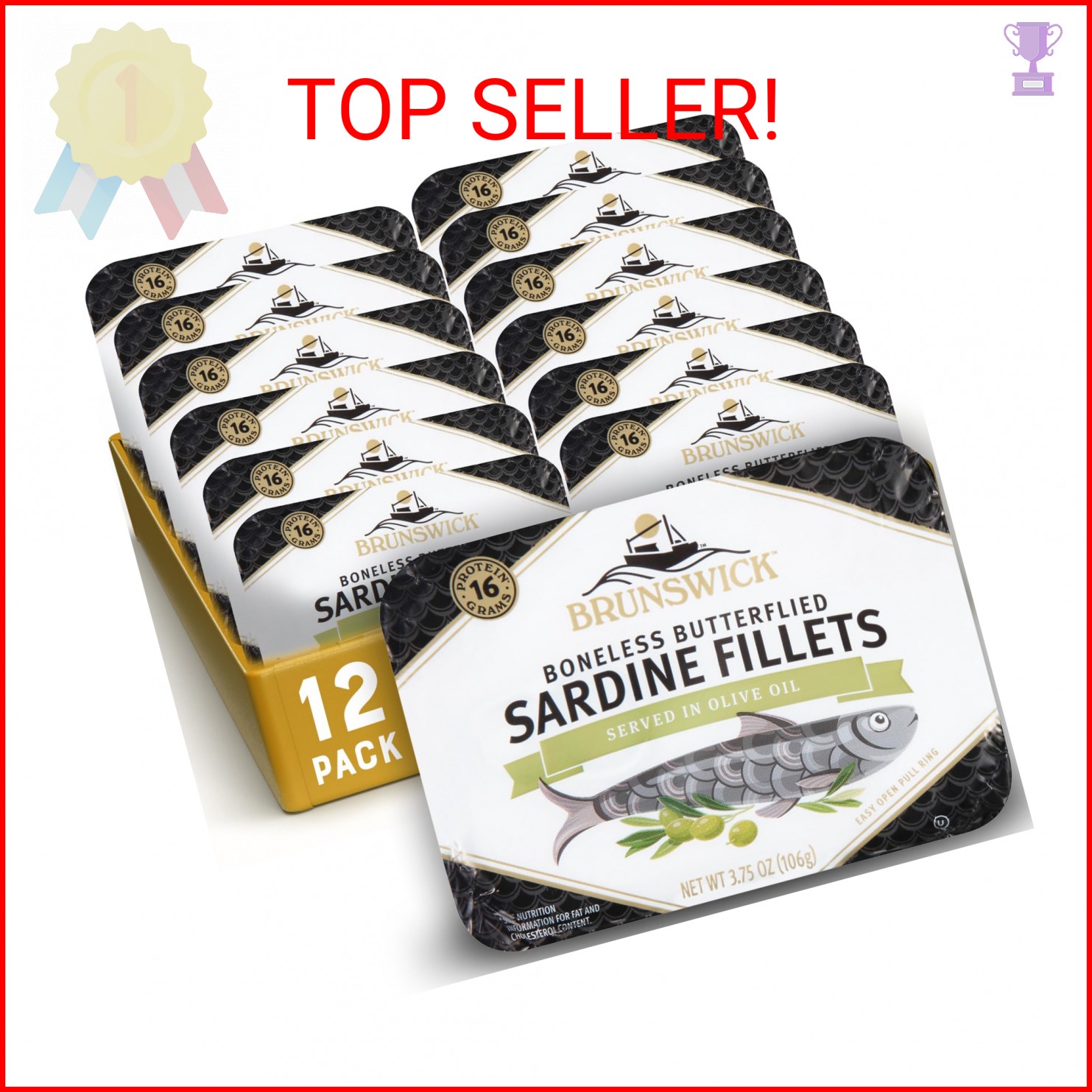 Brunswick Sardines in Olive Oil, 3.75 oz Can (Pack of 12) – Boneless Butterflied