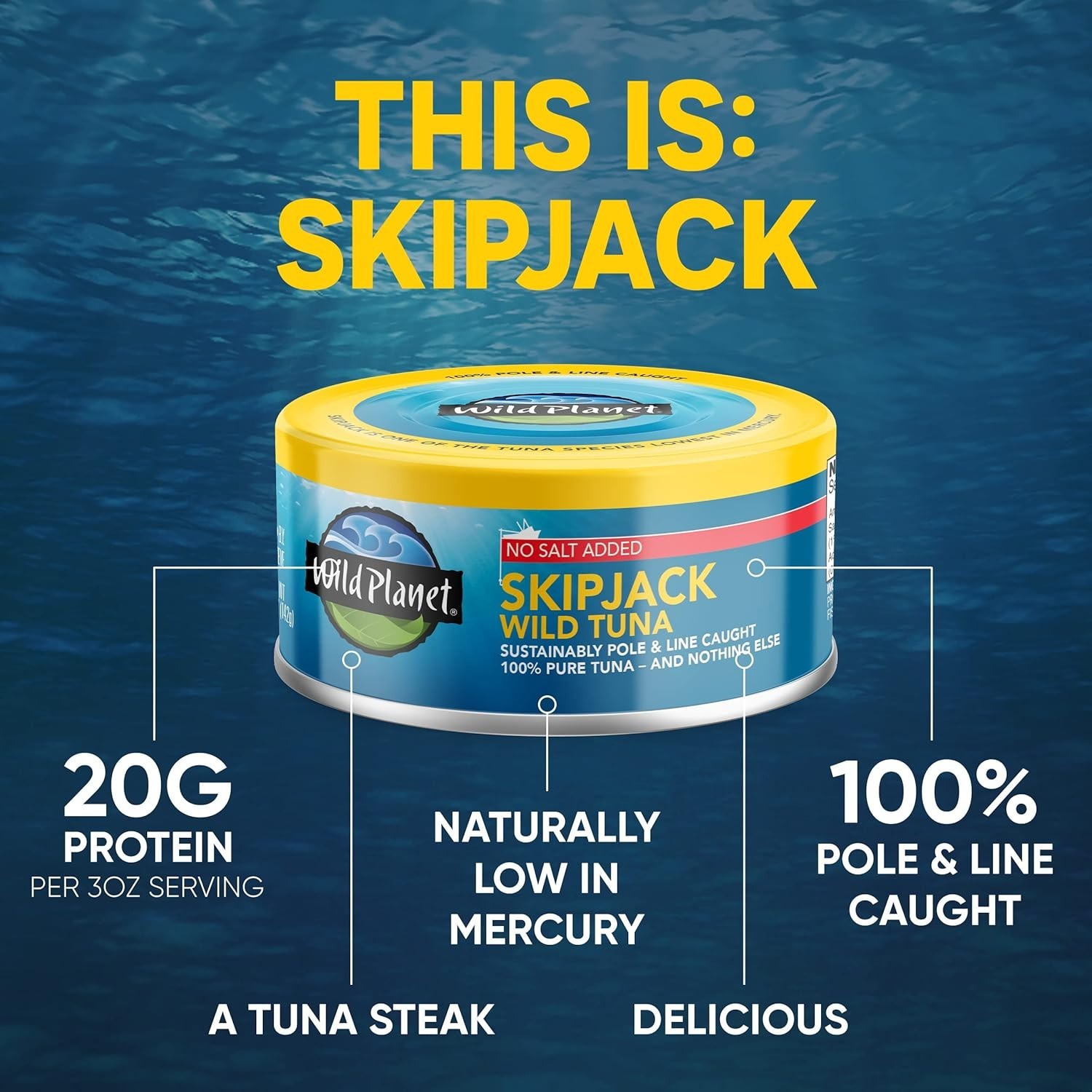 Skipjack Wild Tuna, No Salt Added, Canned Tuna, Sustainably Wild-Caught, Pole…