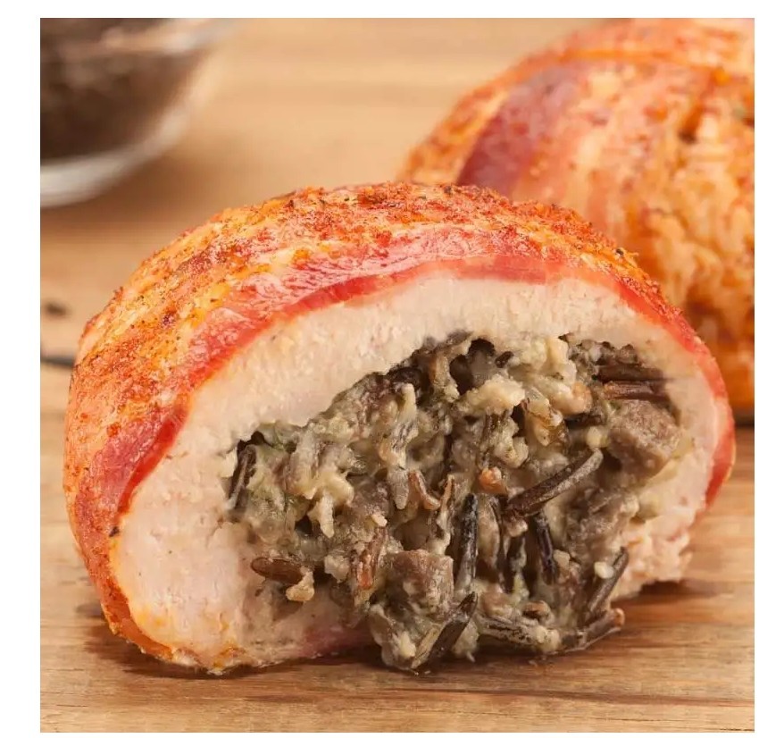 (24) 10 Ounce Bacon Wrapped Rice And Mushroom Stuffed Chicken Breast